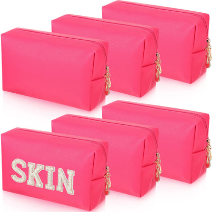 Gerrii 6 Pcs Preppy Patch Makeup Bag PU Leather Cosmetic Pouch Waterproof Cosmetic Pouch with Zipper Portable Travel Toiletry Organizer Bag Makeup Case Gift for Women Friends(Rose Red)