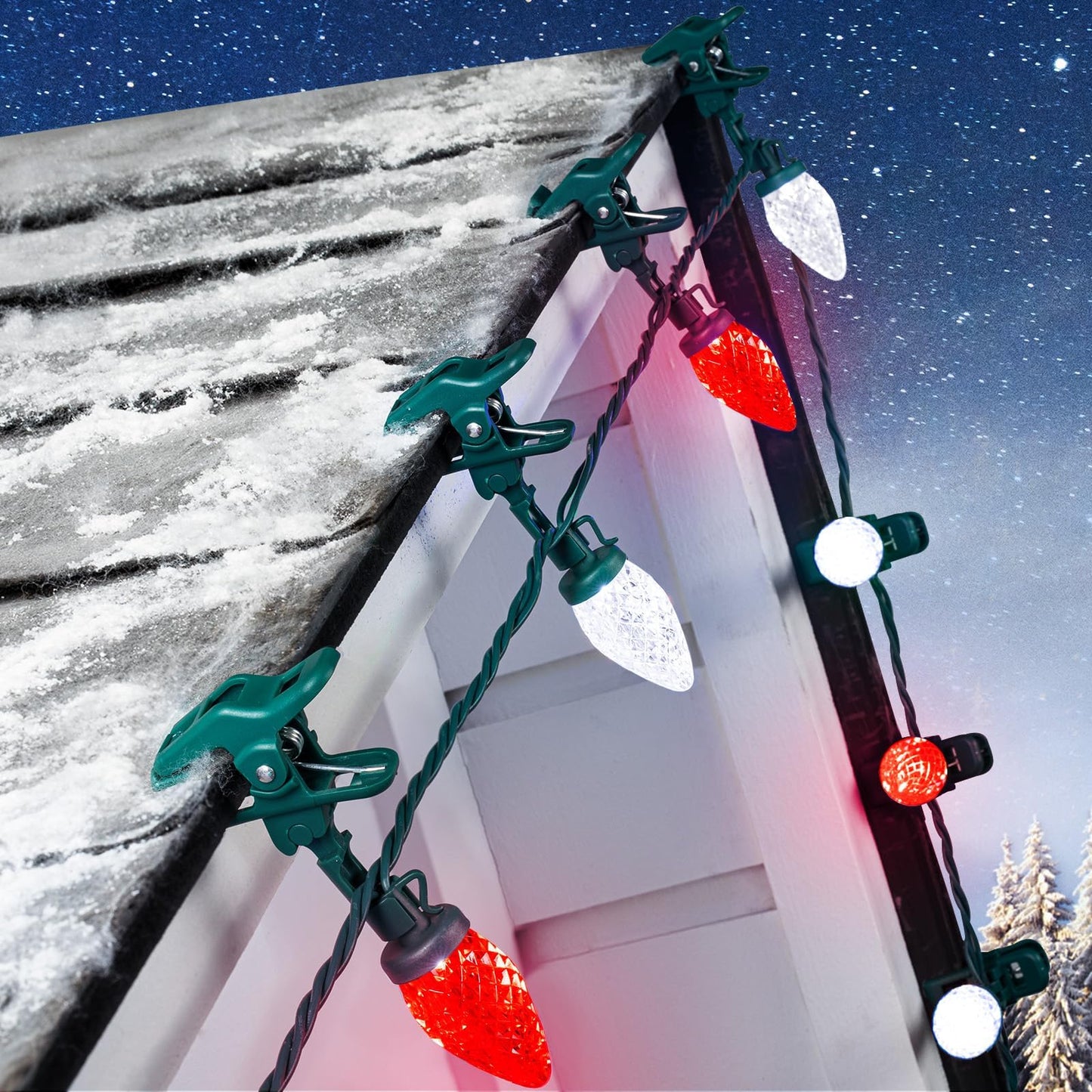 C9 LED Christmas Lights Outdoor, 68 Feet 100 LED C9 String Light with 100 Spring Clips, Waterproof Connectable Christmas Tree Lights for Outside Roofline Patio Home Xmas Decor, Red & Pure White