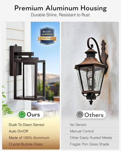 VIANIS Oil Rubbed Bronze Dusk to Dawn Outdoor Light Fixture for House, Farmhouse Exterior Wall Sconce Lantern for Porch, Anti-Rust Outside Garage Lights Wall Mount with Integrated 10W LED Light Source