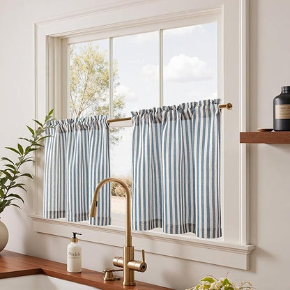 jinchan Striped Linen Kitchen Curtains 24 Inches Length Tier Curtains Farmhouse Modern Cafe Style Small Window Treatments Airy Light Filtering Rod Pocket for Living Room Bathroom 2 Panels Blue