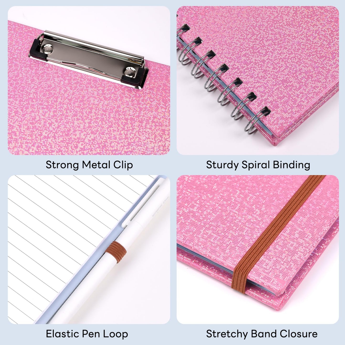Zoenley Glitter Clipboard Notebook with Storage for Letter Size, 8.5 x 11 Notepad Holder with 5 Folders and Dividers, Size 12.8X 9.7 in, Spiral Portfolio for Nursing Teacher School Supplies,Pink