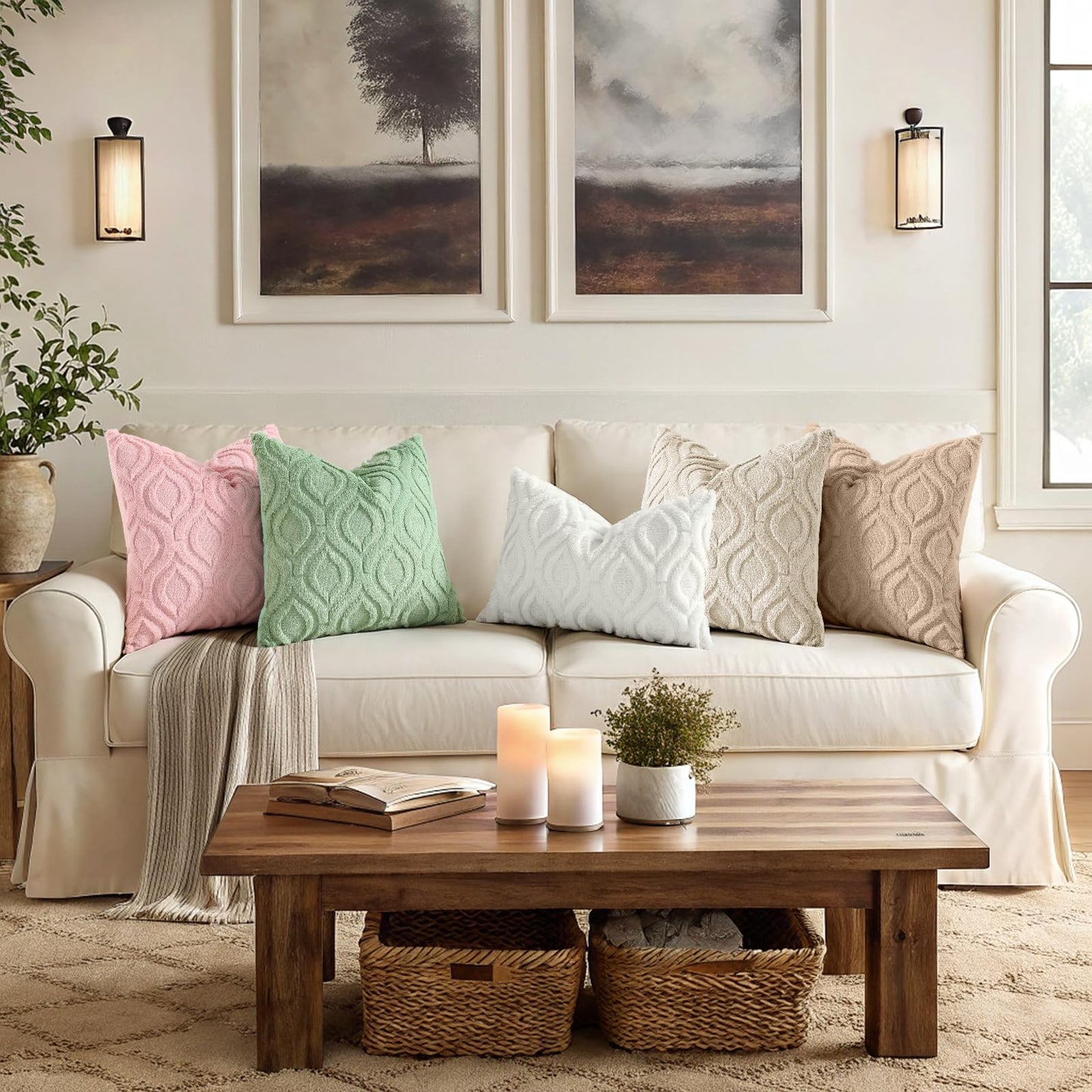 decorUhome Fall Throw Pillow Covers 18x18 Inch Set of 2, Soft Plush Faux Wool Beige Solid Couch Pillow Covers, Accent Farmhouse Neutral Square Pillow Cases for Sofa Bed Living Room