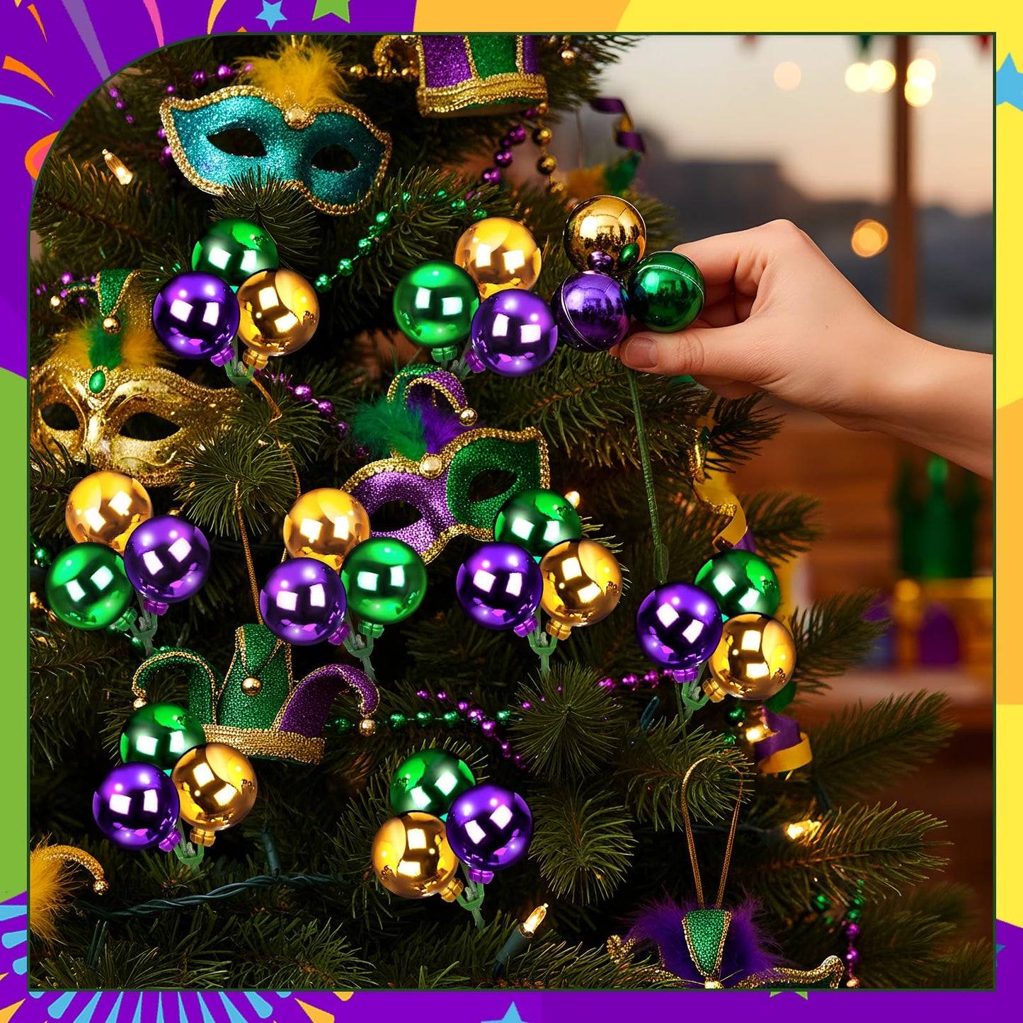Syhood 12 Set 7.9 Inch Mardi Gras Ball Picks Shatterproof Purple Green and Gold Ball Ornaments on Wired Picks Glitter Carnival Glitter Stems for Mardi Gras Tree Vase DIY Decoration Supplies