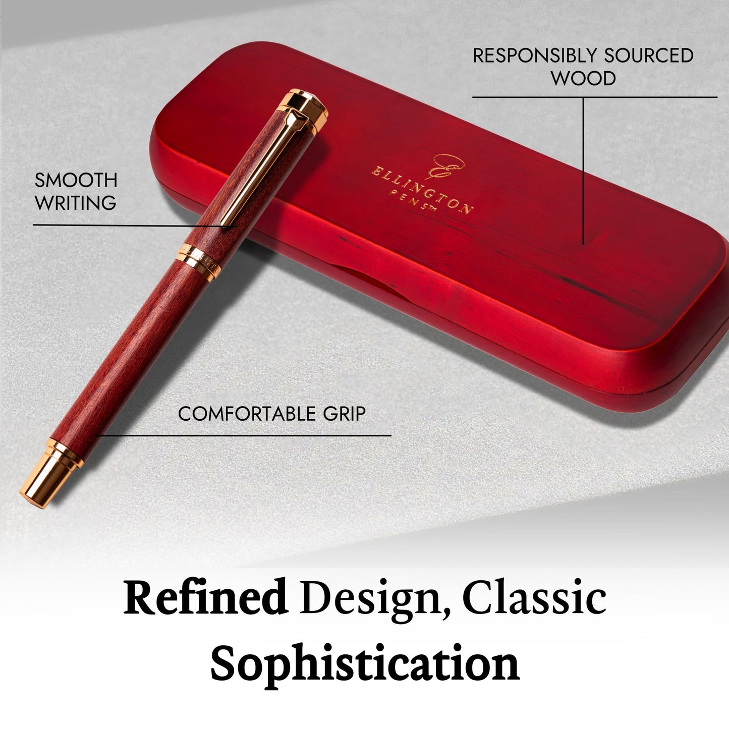 Ellington Pens Luxury Wood Fountain Pen Set – Fine Nib - Includes 6 Ink Cartridges, Wooden Pen Gift Box, Ink Converter - Wood Pen For Writing, Calligraphy, Journaling, Drawing (Rosewood Radiance)