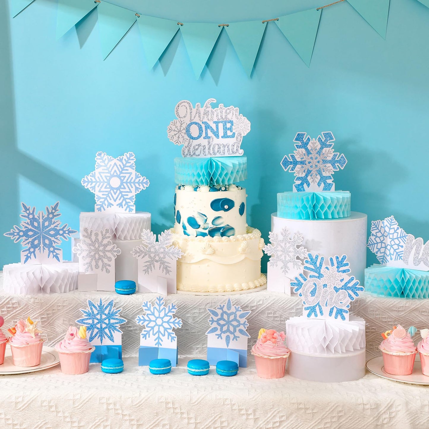 Lincia 12 Pcs Winter Onederland 1st Birthday Decorations Snowflake Honeycomb Blue Wonderland Table Centerpieces for Birthday Party Supplies
