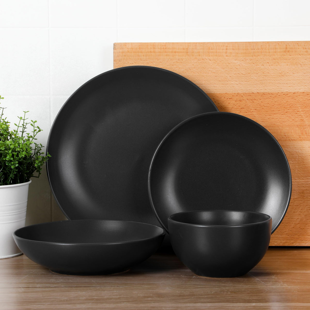 Gibson Home Queenslane 16 Piece Double Bowl Plates and Bowls Dinnerware Sets - Matte Blue