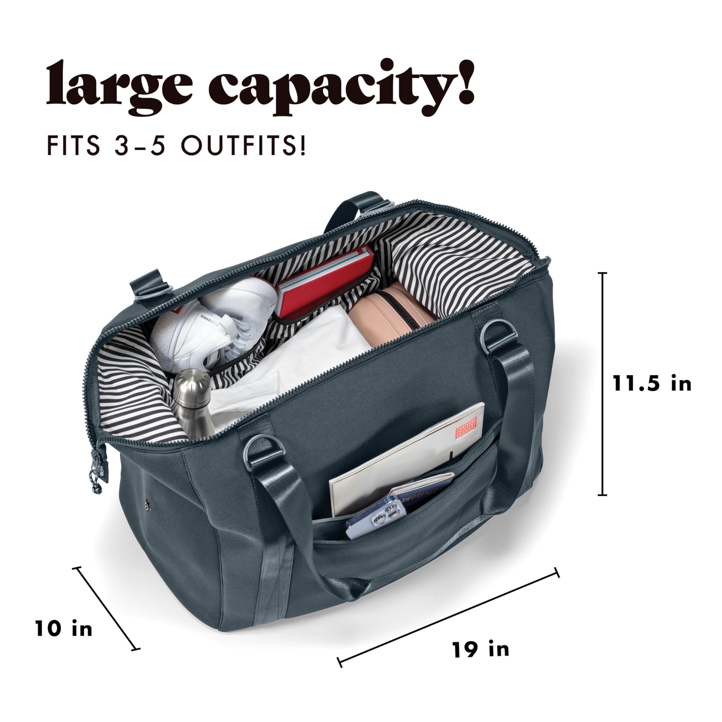 Fit & Fresh Neoprene Weekender Bag for Women – Carry-On Friendly Travel Duffel with Expandable Sides, Trolley Sleeve & Pockets – Lightweight, Water-Resistant Overnight Bag for Weekend Trips, Basalt