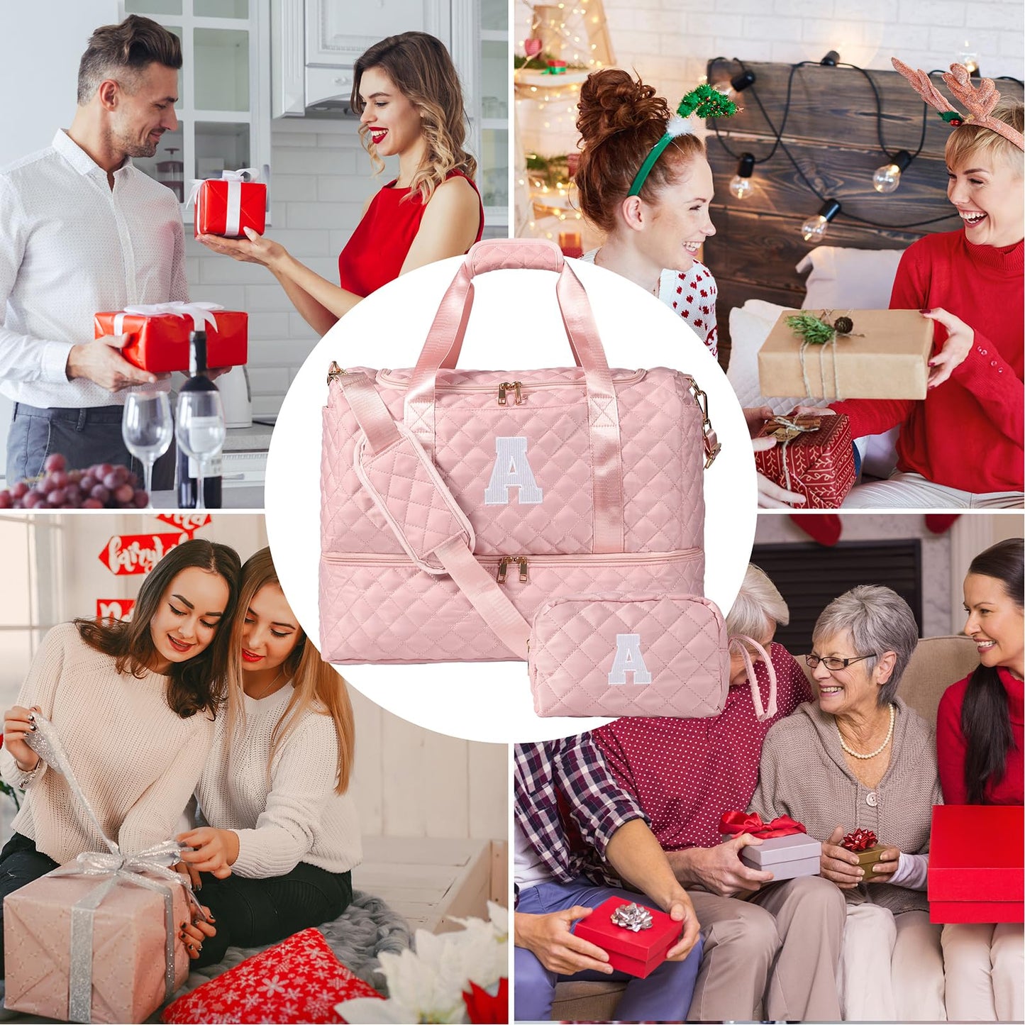 Personalized Initial Travel Bag, Quilted Duffle Bag, Weekender Bag for Women with Cosmetic Bag, Gym Bag with Shoe Compartment, Carry on Overnight Bag, Hospital Bag for Labor Delivery (Pink, A)