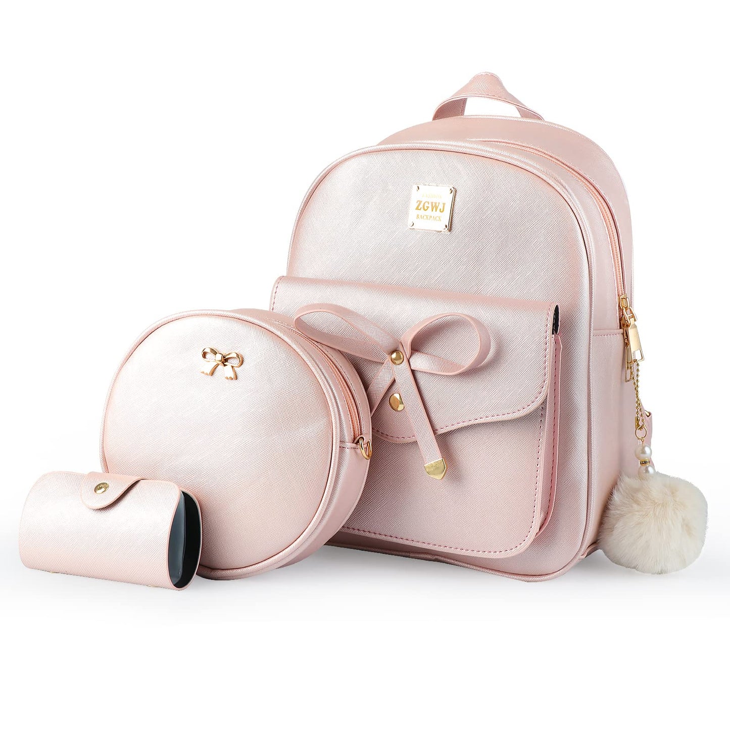 Aogist Mini Leather Backpack Purse 3-Pieces Fashion Bowknot Zipper Bags Cute Casual Travel Daypacks for Women (Pink)