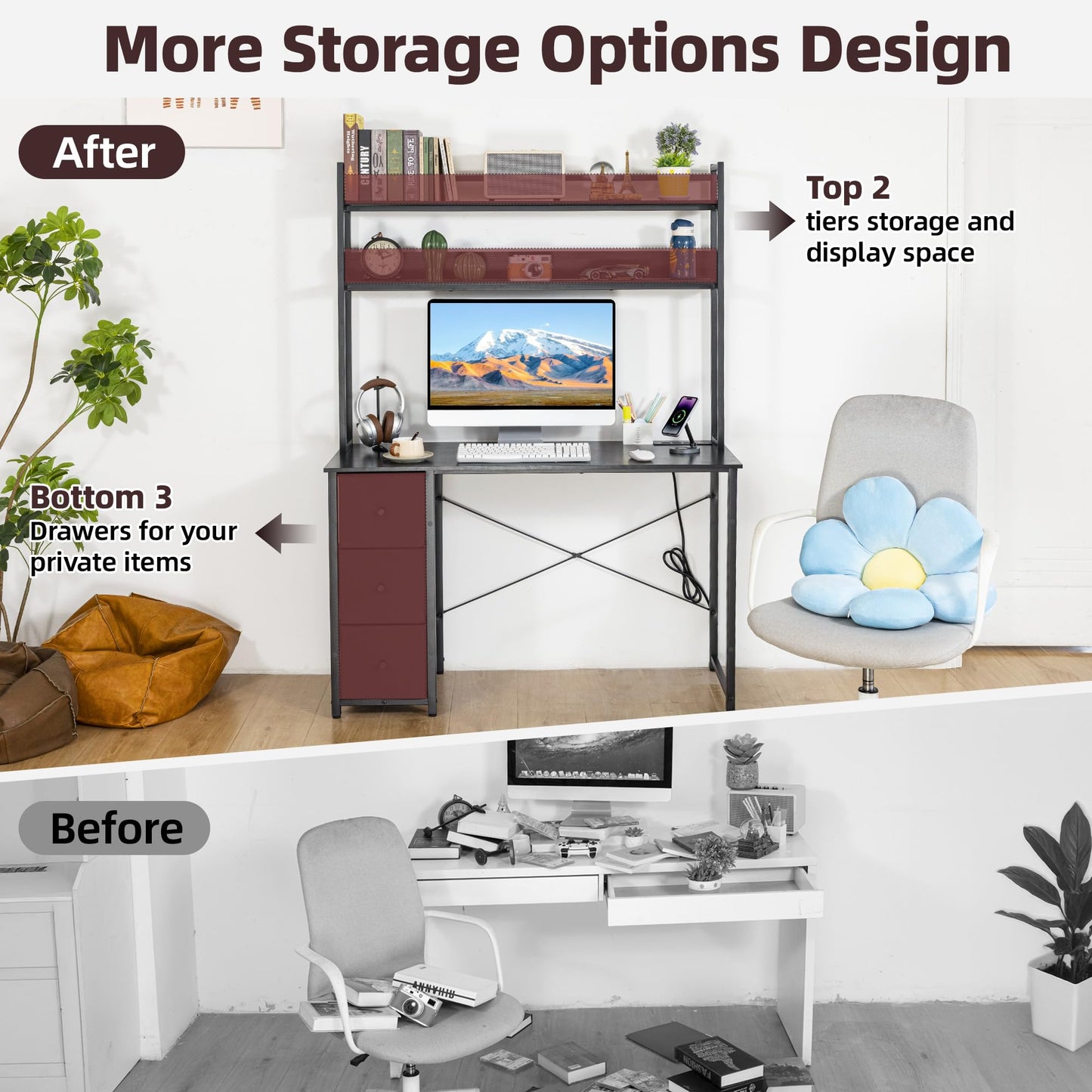 Aquzee Computer Desk with Drawers, 47 inch Desk Hutch, Gaming Desk with Storage Shelves, Power Outlets & Bookshelves, Study Writing Desks for Bedroom Living Room Home Office, Black