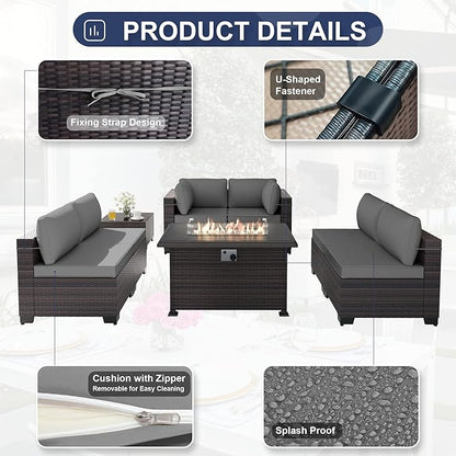 Kurapika 8 Pieces Patio Furniture Set, Rattan Wicker Outdoor Conversation Sets w/43in Propane Fire Pit Table and 4 Inch Cushion(Grey)
