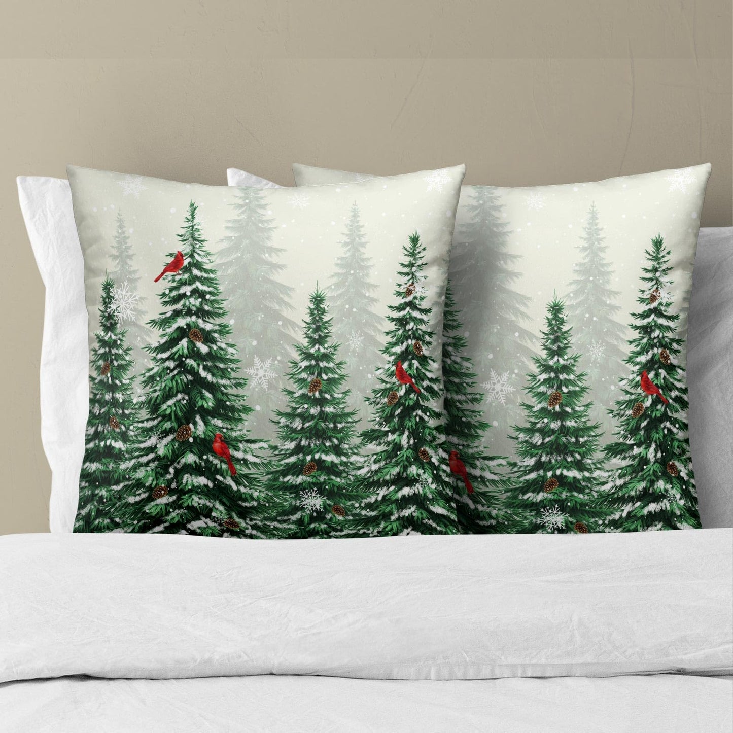Winter Cardinal Bird Pillow Covers 16x16 Inch,Christmas Pine Tree Throw Pillow Covers Snow Forest Green Trees Cushion Cover Set of 2 Soft Cotton Pillow Cases Square for Home Sofa Living Room Decor