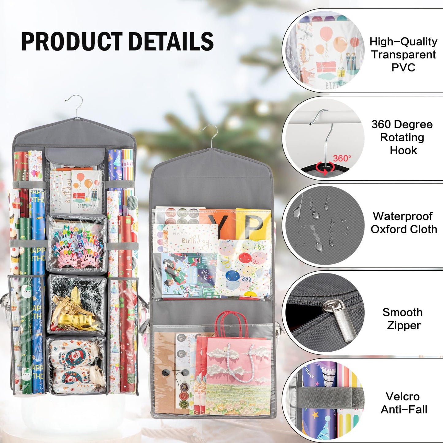 EOLIMEX Christmas Wrapping Paper Organizer Storage, Hanging Gift Bag Storage Organizer, Double-Sided Wrapping Paper Holder Storage - Grey