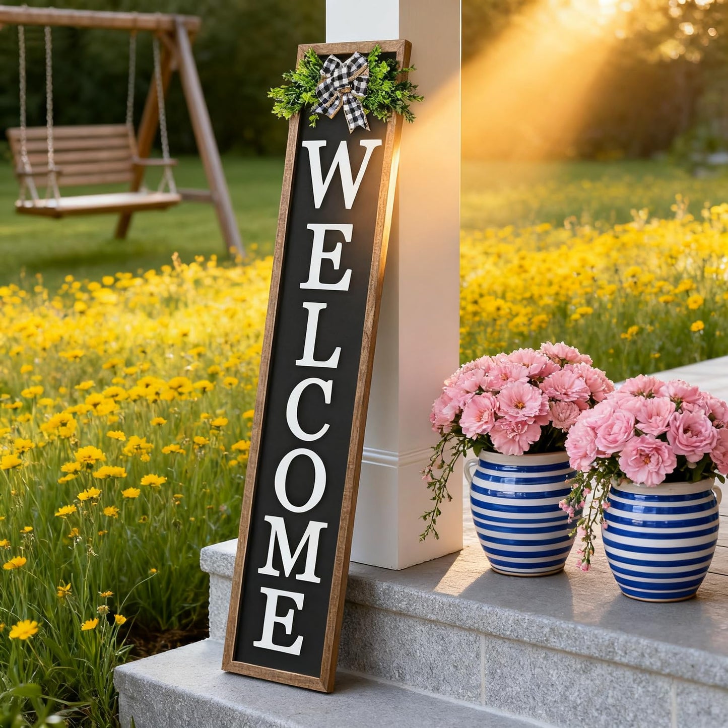 3D Outdoor Welcome Sign for Front Porch Standing 45"X9" Large Rustic Farmhouse Leaner Tall Vertical Soild Wooden Framed Plaque Modren Beautiful Outside Home Front Door Decorations (Wood Black)
