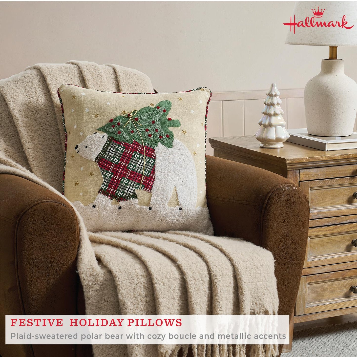 Hallmark - Decorative Throw Pillow for Couch or Bed, Holiday Home Décor, 18" x 18", (Polar Bear, Beige)