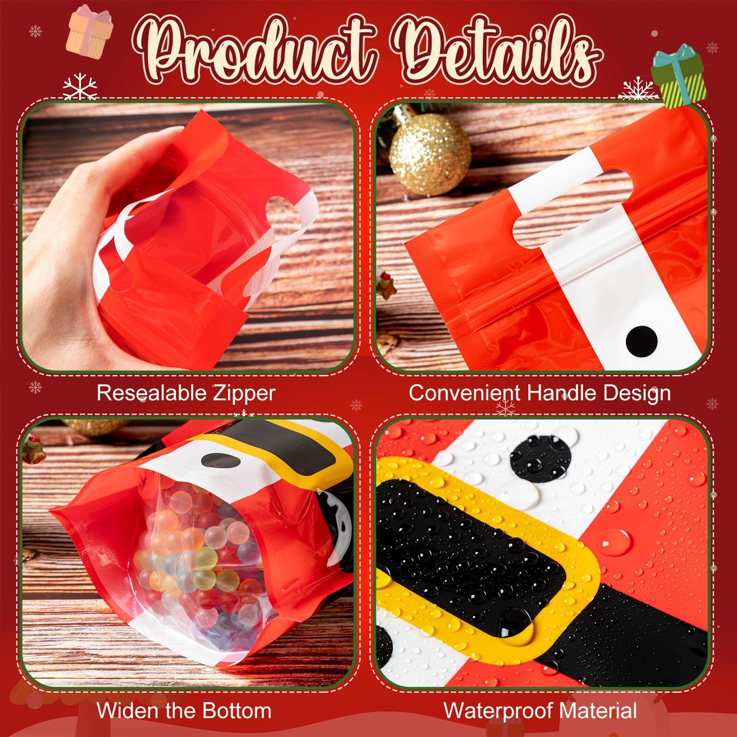 Gersoniel 50 Pcs Christmas Treat Gift Bags Resealable Santa Plastic Sealer Bags with Handles for Xmas Holiday Party Favor Candy Small Gift Wrapping Supplies Decoration