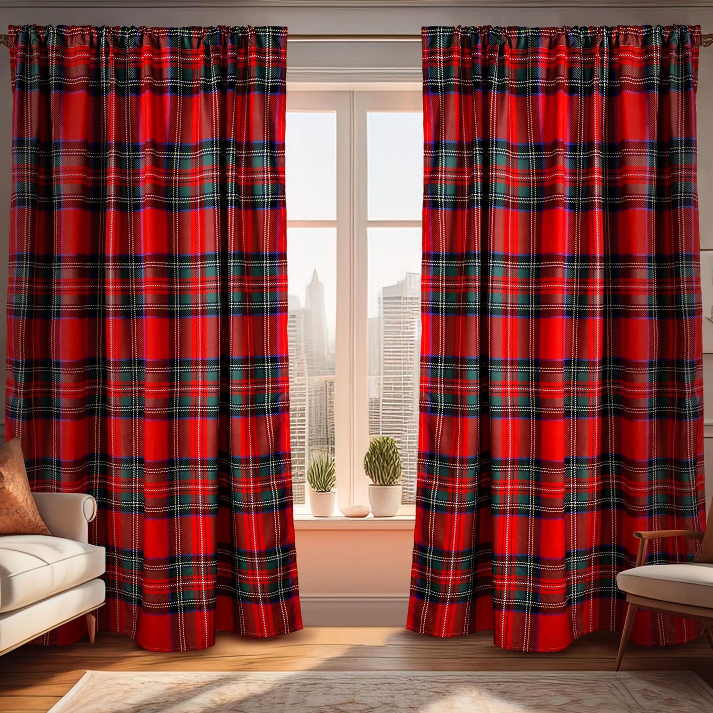Fanfanwin Red Plaid Curtains 52" w x 63" L Red and Black Green Buffalo Tartan Plaid Curtain Farmhouse Xmas Window Drapes for Living Room Bathroom Home Decoration