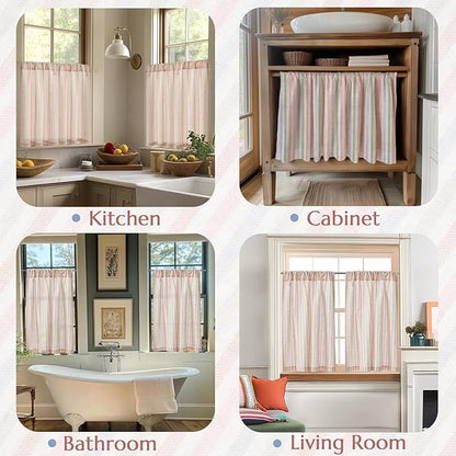 jinchan Striped Linen Kitchen Curtains 36 Inches Christmas Tier Curtains Farmhouse Modern Cafe Style Small Window Treatments Airy Light Filtering Rod Pocket for Living Room Bathroom 2 Panels Candy