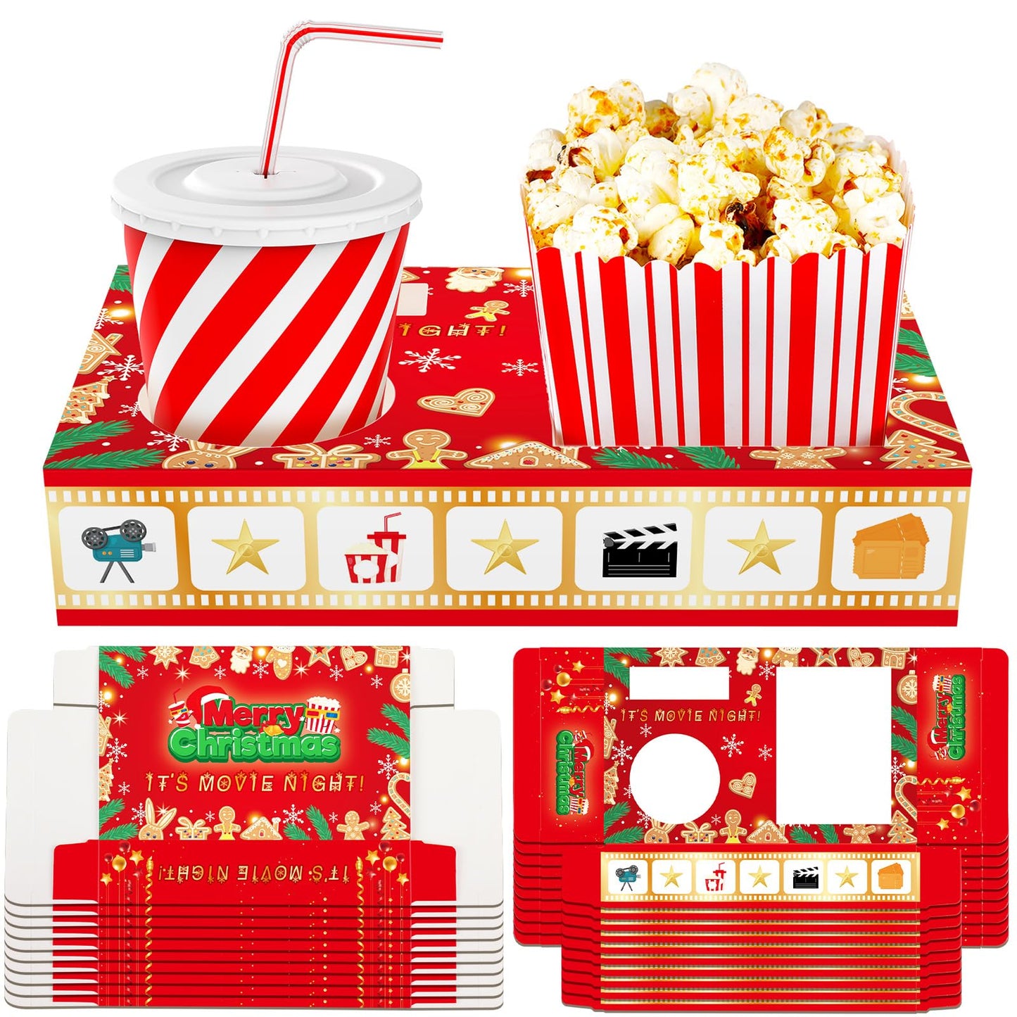 Dunzoom 20 Pcs Christmas Movie Night Supplies Movie Night Paper Snack Trays Popcorn Candy Holder Movie Theater Snack Boxes Cardboard Snack Holder Food Trays for Movie Party(Warm Christmas)