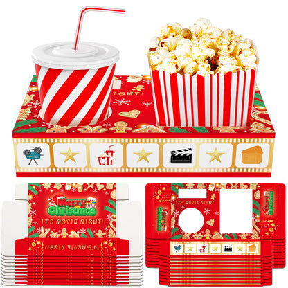 Dunzoom 20 Pcs Christmas Movie Night Supplies Movie Night Paper Snack Trays Popcorn Candy Holder Movie Theater Snack Boxes Cardboard Snack Holder Food Trays for Movie Party(Warm Christmas)