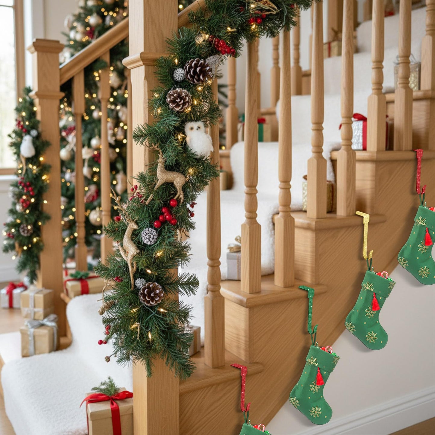 Therwen 6 Pcs Glitter Christmas Stocking Holders Shiny Fireplace Stocking Holders Set with No-Slips Strips Safety Mantel Hanger Hooks Xmas Mantle Grips for Tabletop Shelf Party Decor (Gold,Red,Green)