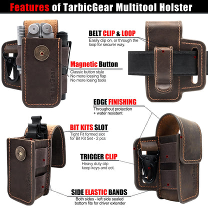 TarbicGear Leather Multitool Sheath for Belt, Multitool Holster with Belt Clip for Men, Pocket Organizer for Work, Fits for Leatherman, SOG, Gerber Tools, Dark Brown, Large