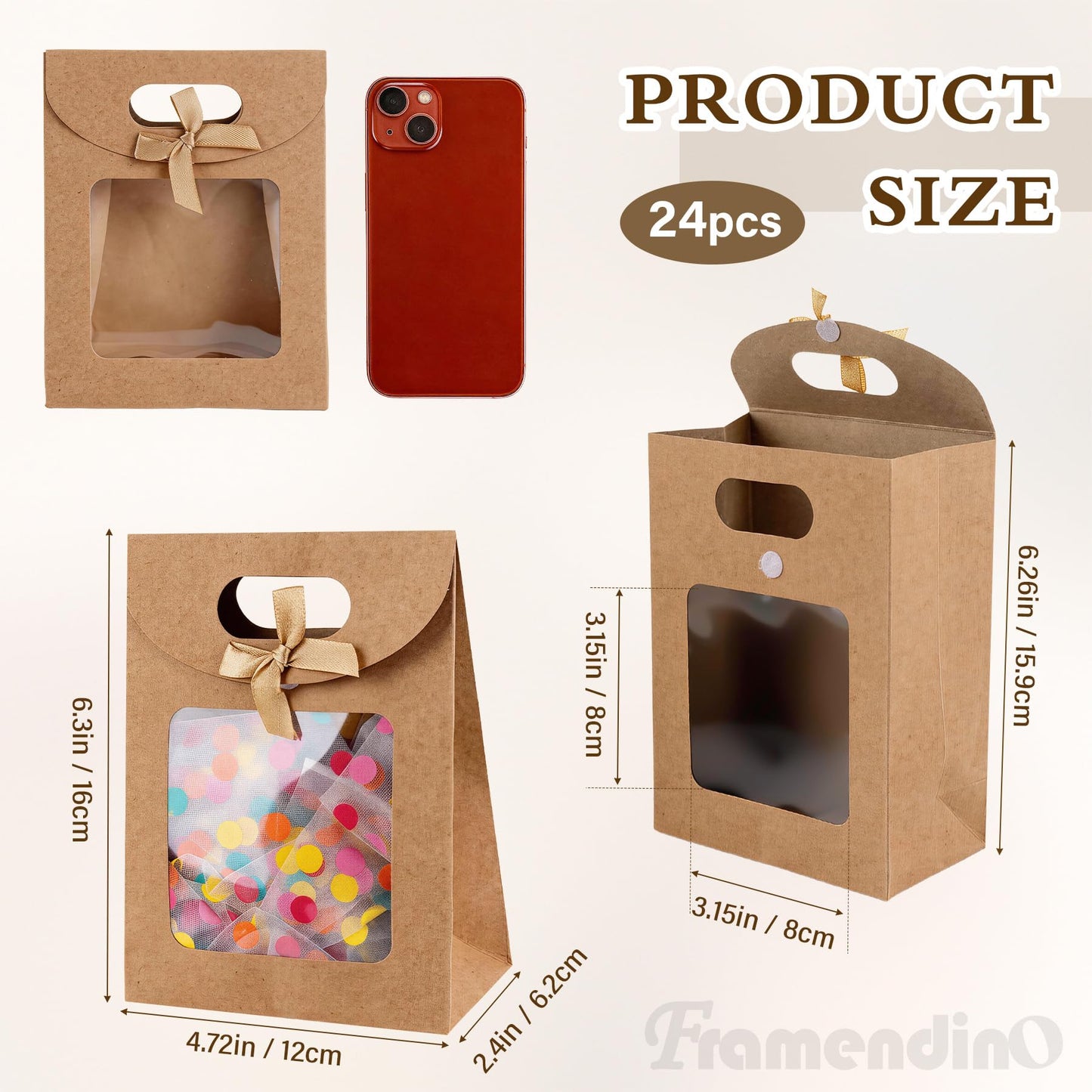 Framendino, 24 Pack Kraft Paper Bags with Clear Window and Handle Stand Up Bag for Candy Cookies Packaging Wedding Christmas Party Store Retail