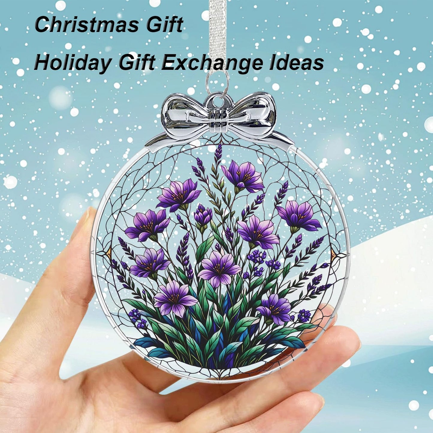 Bauhinia & Violets Crystal Glass Hanging Ornament for Christmas Tree Decor, Christmas Ornaments Xmas Decorations, Holiday Keepsake Present Exchange Ideas