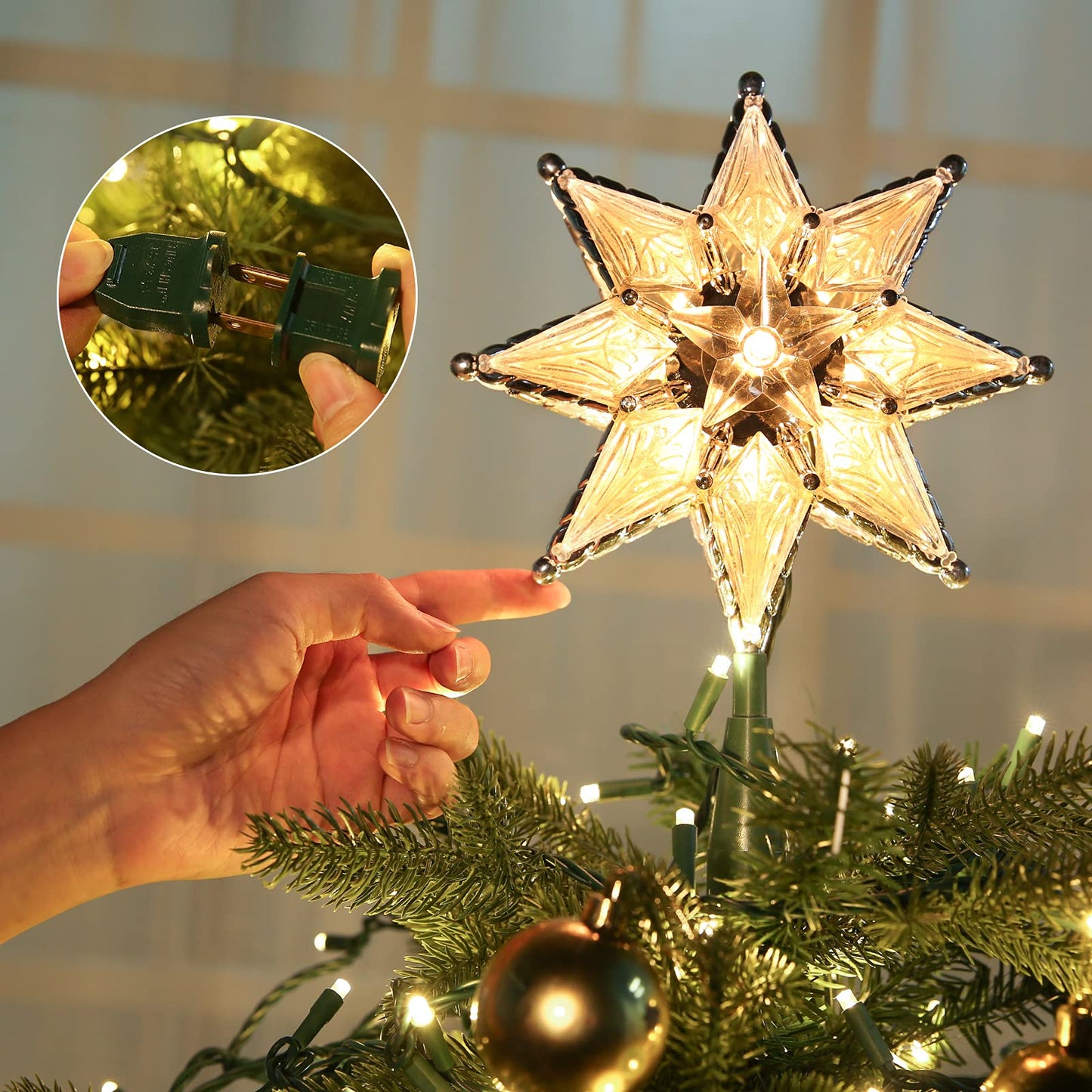 Brizled Star Christmas Tree Topper, 8" Lighted Double-Sided Star Treetop, 8-Point Xmas Tree Topper with 10 Warm Lights, 120V UL Certified for Christmas Ornament Party Home Decor