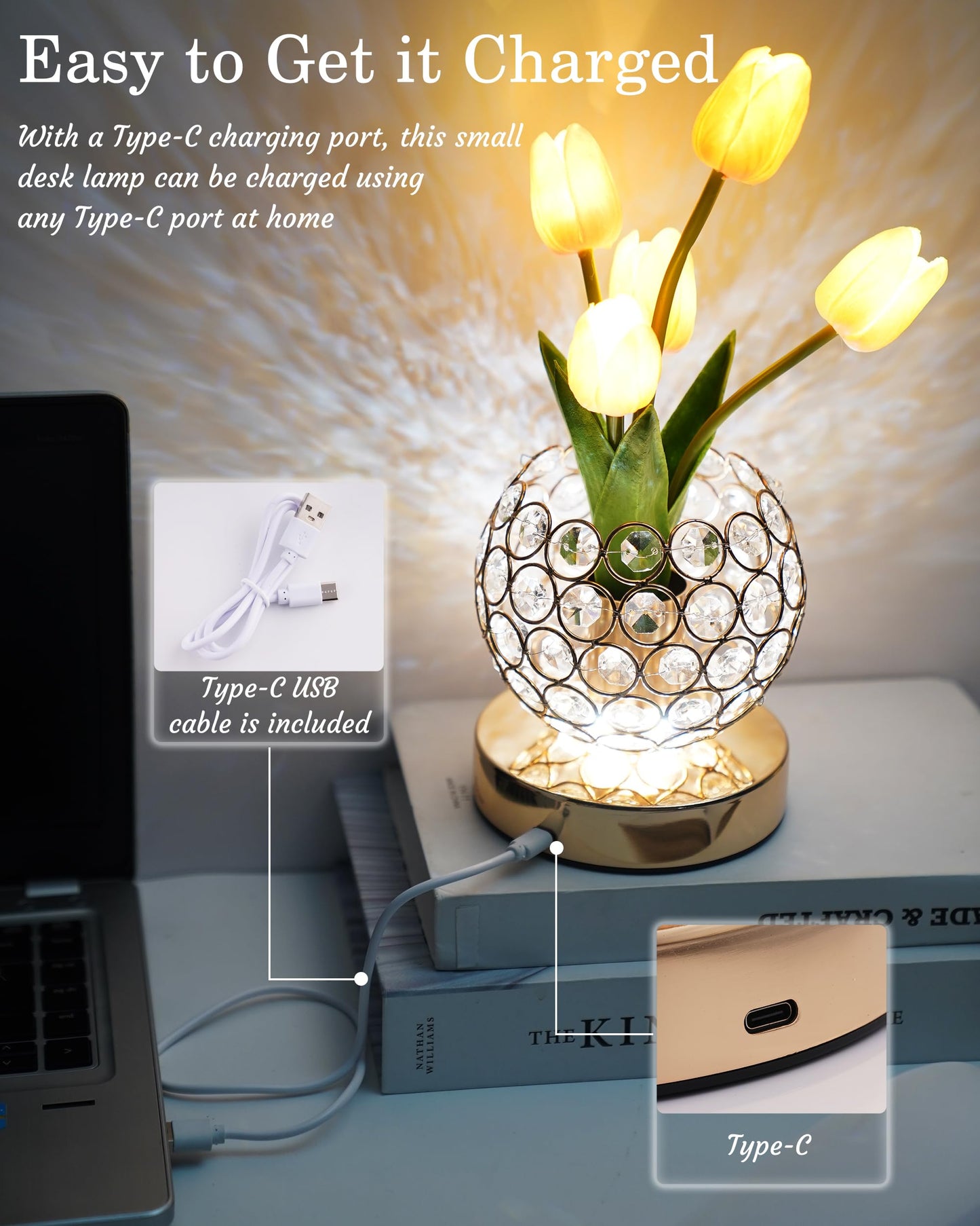 Cordless Tulip Flower Lamp, Adjutable Touch Dimming Crystal Night Light with Artificial Tulip Flower, Rechargeable LED Flower with Vase Lamp Romantic Decor for Bedside Nightstand, Gift for Mother