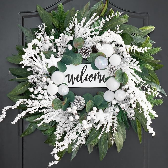 Winter Wreaths for Front Door 24 Inch Christmas & Winter Door Wreath with White Balls and Silver Berries, Festive Holiday Decor for Indoor and Outdoor, Seasonal Winter Home Decoration