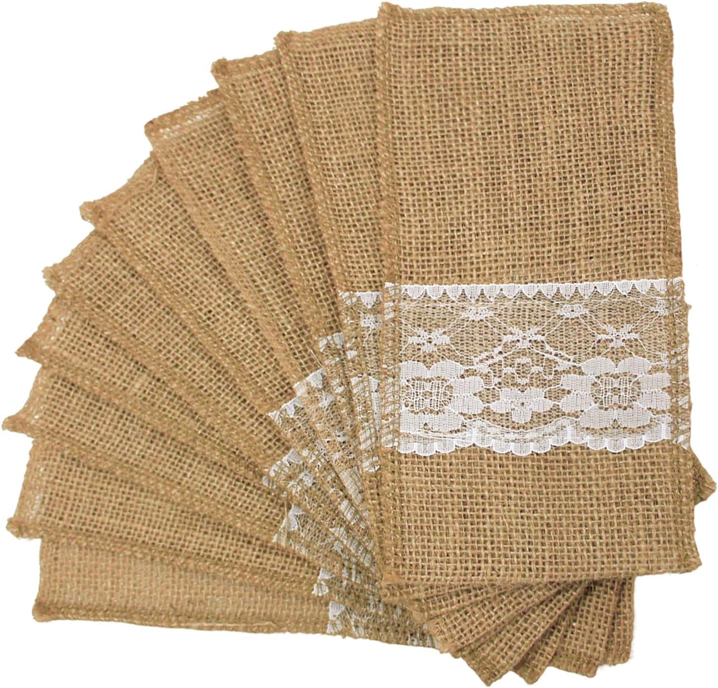 OZXCHIXU TM 100 Pack Natural Burlap Cutlery Holder Pouch Bag 4x8.5 Inch with Lace Silverware Napkin Holders Wedding Party Bridal Shower Table Setting Table Decoration