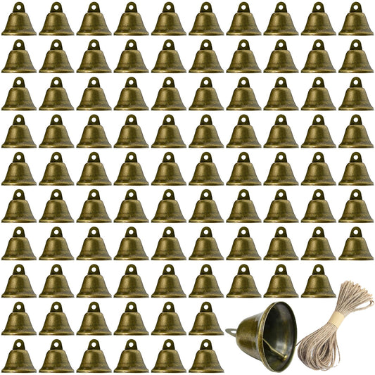 100 Pieces Bells Bronze Jingle with Lanyard,1.5 x 1.57 Inch Vintage Craft Bells Small Craft Bells for Hanging Wind Chimes Dog Training Doorbell Wedding Decor DIY Favor Crafts Christmas Tree