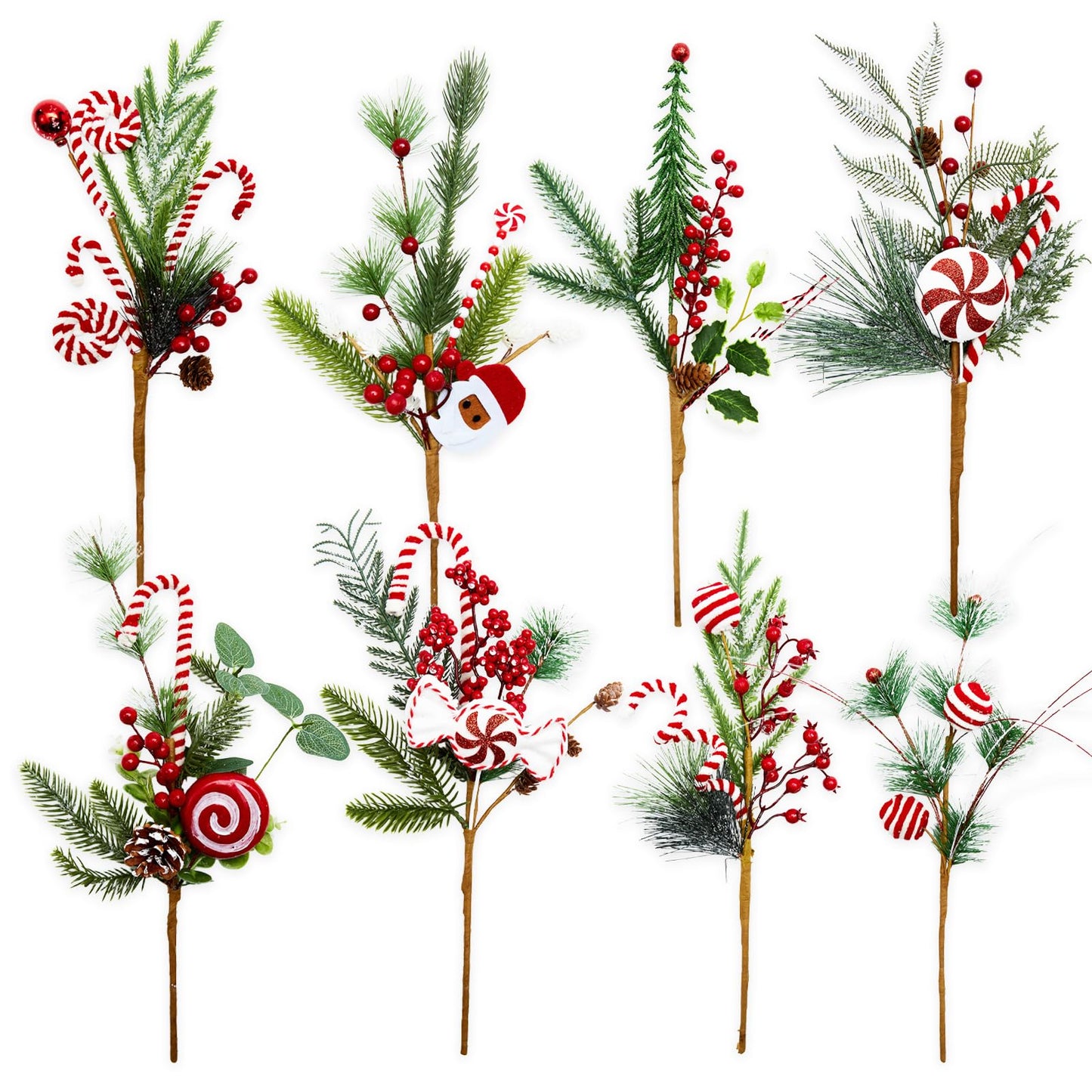 Egolot 8 PCS 17 Inch Christmas Candy Cane Picks for Christmas Tree Wreath DIY, Xmas Green Pine Picks with Red Berries Balls and Candy for Indoor Outdoor, Xmas Picks Bundle for Centerpieces