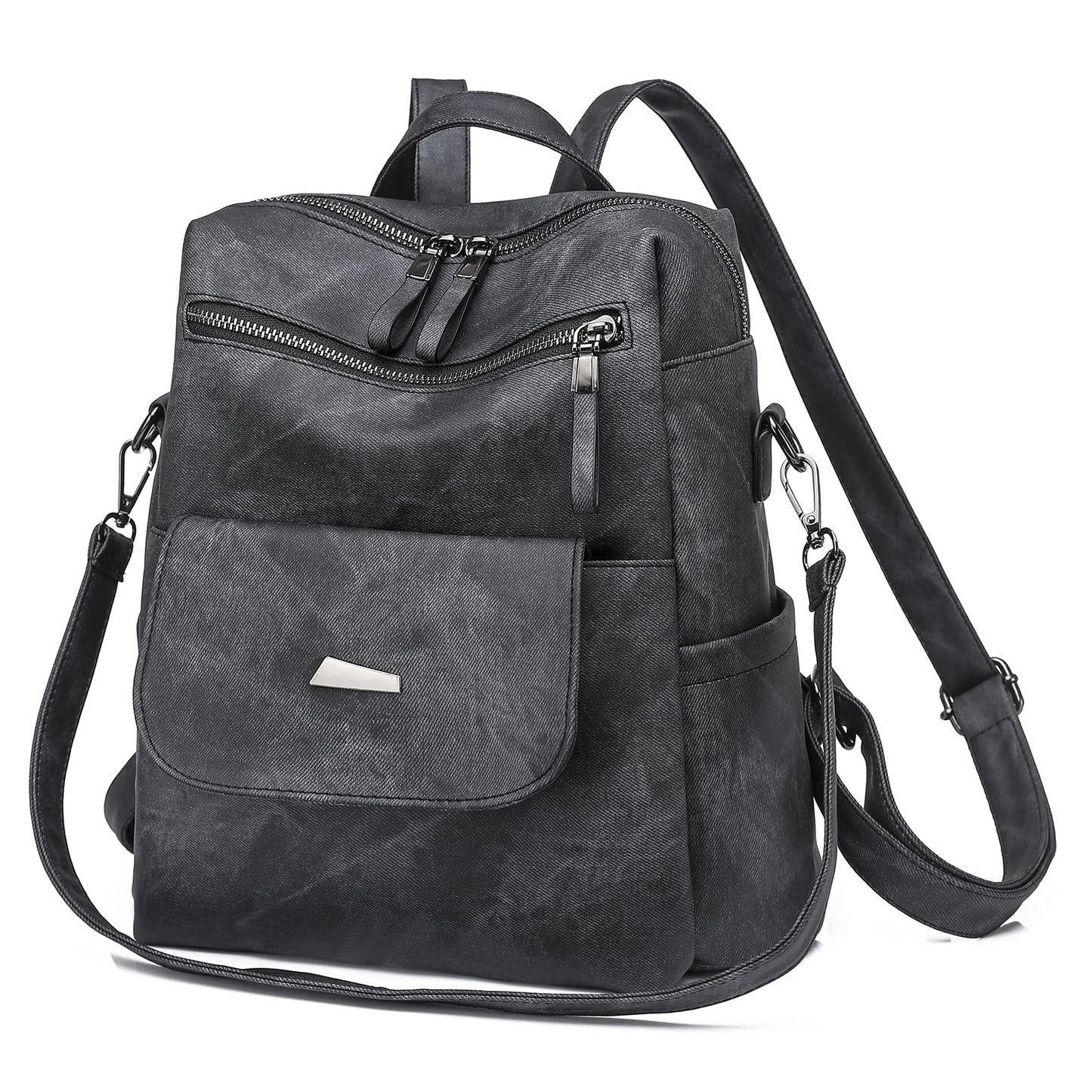 ROOSALANCE Backpack Purse for Women, Women Backpack Purse Small Leather Waterproof Anti-theft Shoulder Bags Handbags, Fashion Ladies Back pack for Daily Travel Work (Black Grey)