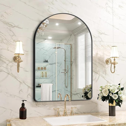 FORBATH Arched Bathroom Mirror 24x36 Inch,Bathroom Mirror Wall Mounted Modern Black Aluminum Alloy Frame Decor Dresser Mirror for Bedroom Living Room Entryway, Hanging or Leaning Against Wall