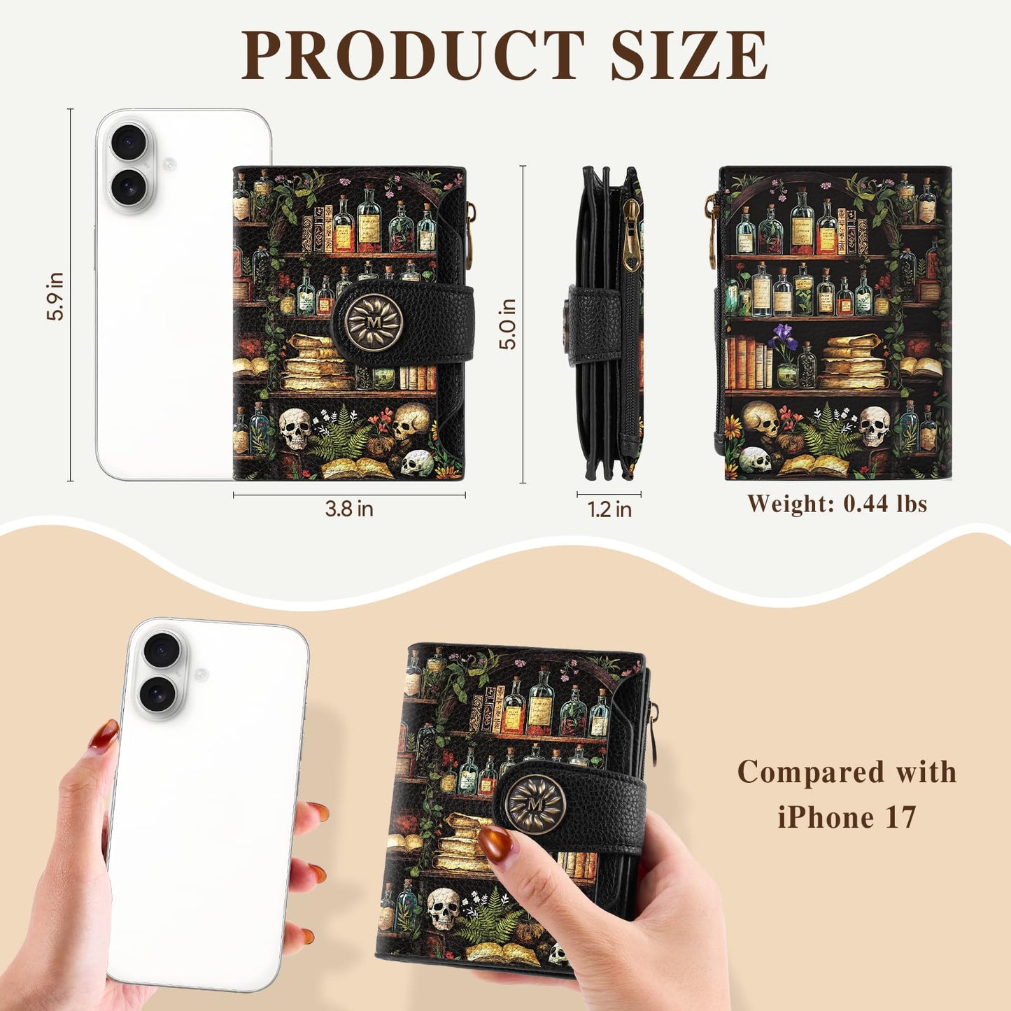 Mayski Skull Bookshelves Gothic Small RFID Wallet Women, PU Leather Bifold Zipper Coin Pocket Compact Cash Credit Card Holder Purse, Cute Travel Wallet for Ladies Teen Girls, 4 ID Window 14 Card Slots