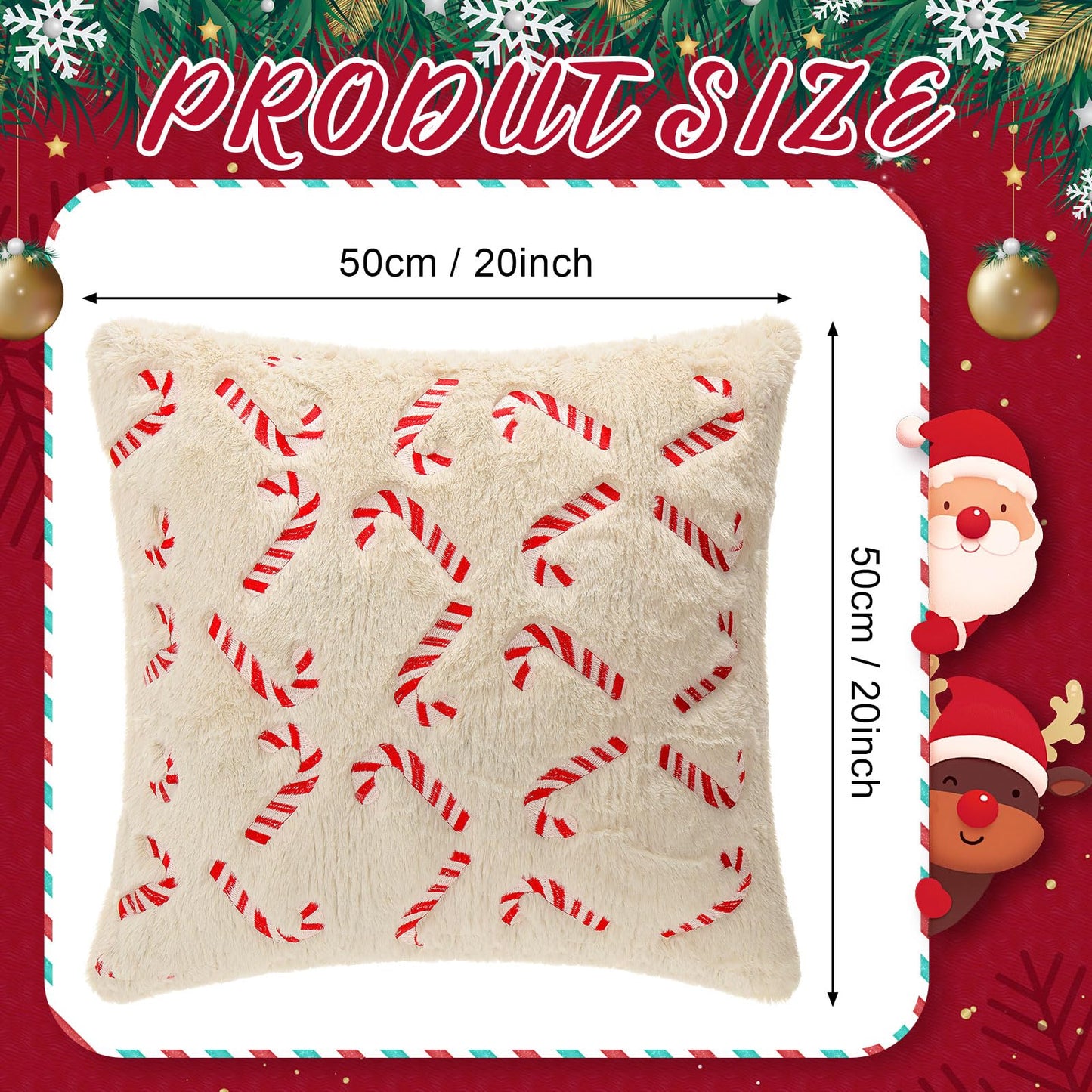 Tranqun 4 Pcs Christmas Candy Cane Throw Pillow Covers 20x20 Inch Xmas Red Candy Embroidery Pillowcases Fluffy Christmas Cane Decorative Cover for Winter Holiday Farmhouse Living Room Sofa Car Decor