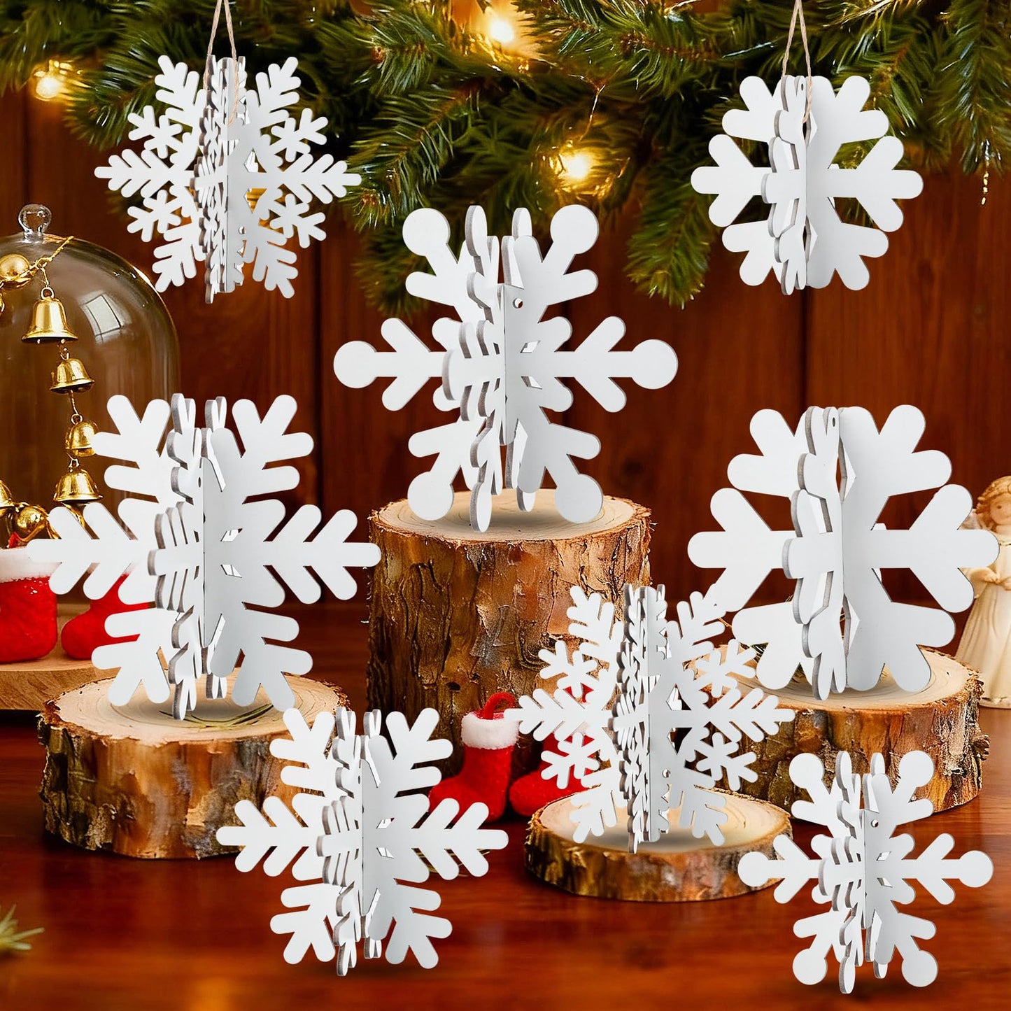 24 Pcs Snowflake Table Decorations 3D Winter Wooden Snowflake Table Centerpiece Hanging Signs Tabletop for Winter Wonderland Decoration Home Tiered Tray Holiday Party Supplies(White)