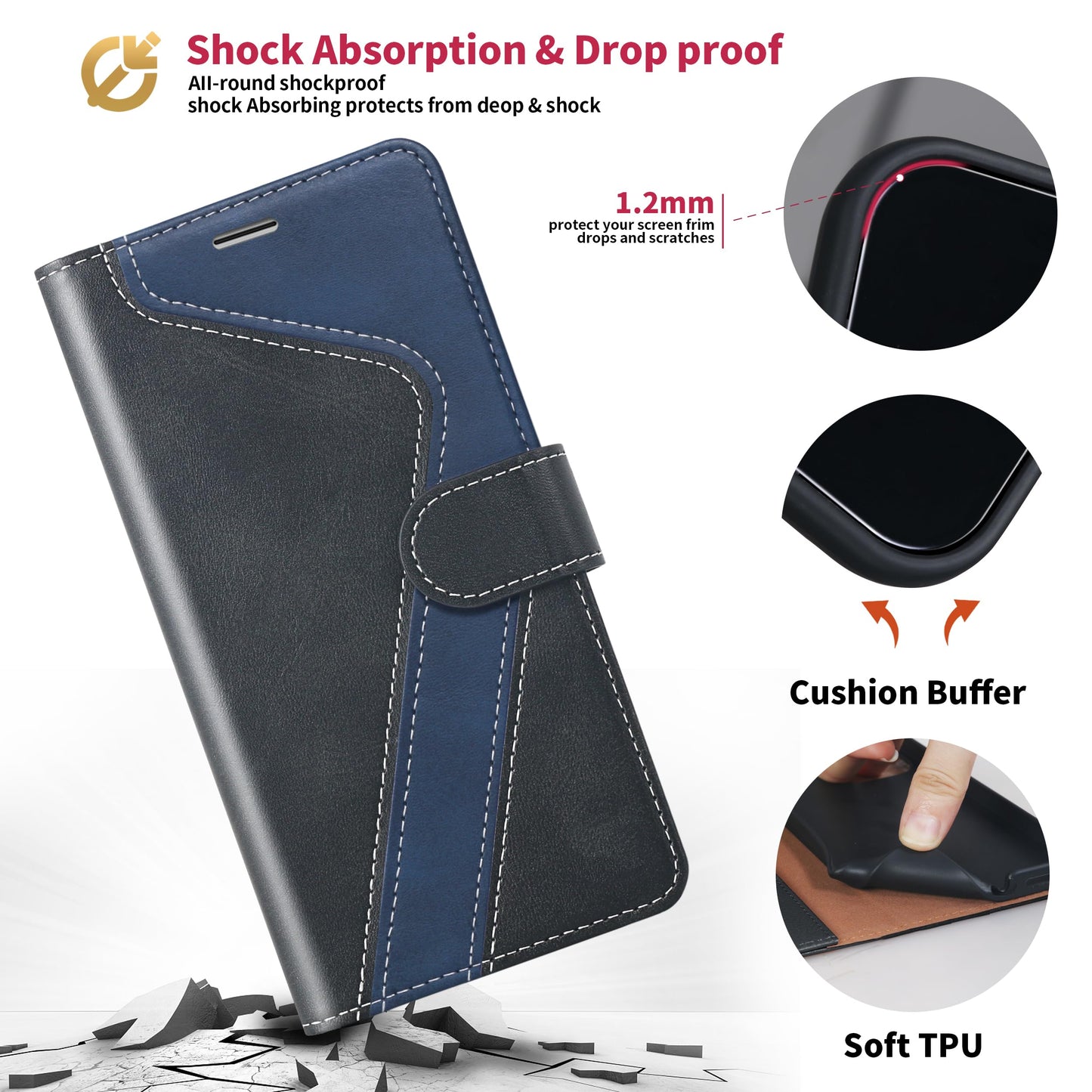 CIVICASE for iPhone 15 Pro Max(6.7inch) Wallet Case,Leather Flip Case RFID Blocking Credit Card Holder Folio Magnetic Stand TPU Shockproof Cover Compatible with iPhone 15 Pro Max Black Blue