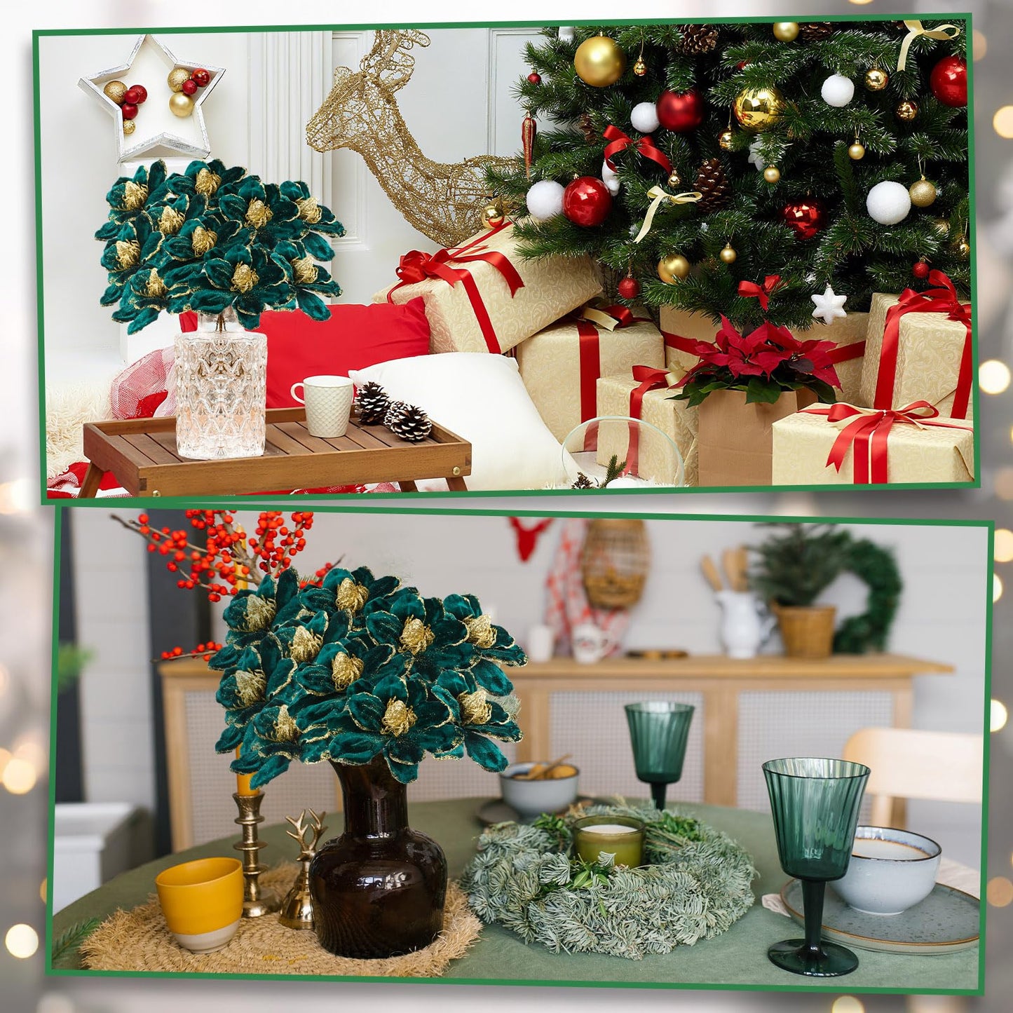 XunYee 10 Pcs Dark Green Velvet Christmas Glitter Flowers Magnolia Artificial Poinsettia Flower Christmas Tree Ornaments Velvet Floral Picks with Clips for Xmas DIY Wreath Decor, 6 Inch