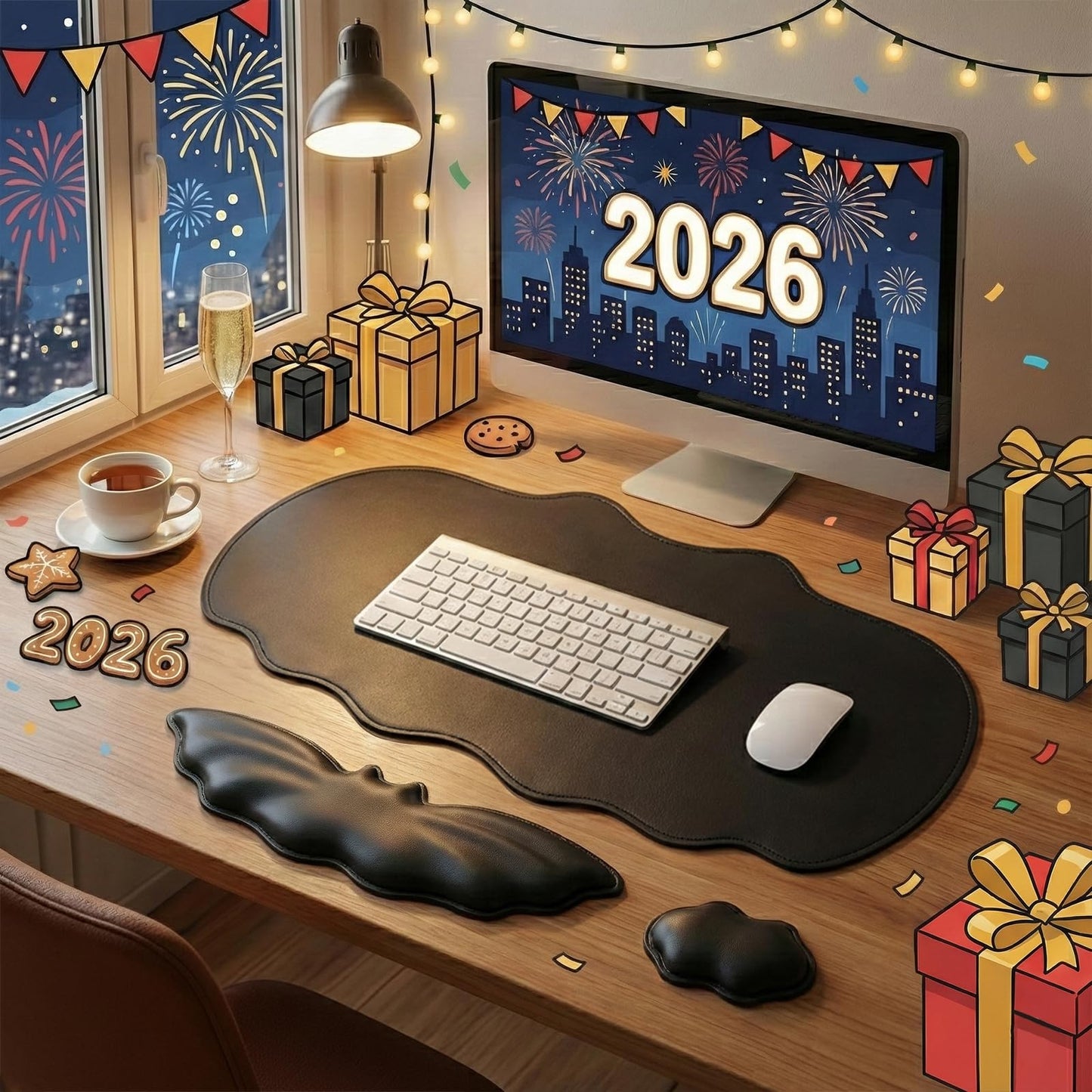 Tscuite Bat Mouse Pad, PU Leather Mousepad, 3 in 1 Keyboard Wrist Rest and Mouse Wrist Rest, Ergonomic Bat Wrist Rest Waterproof Leather Surface, Easy Typing Cushion with Memory Foam for Home Office