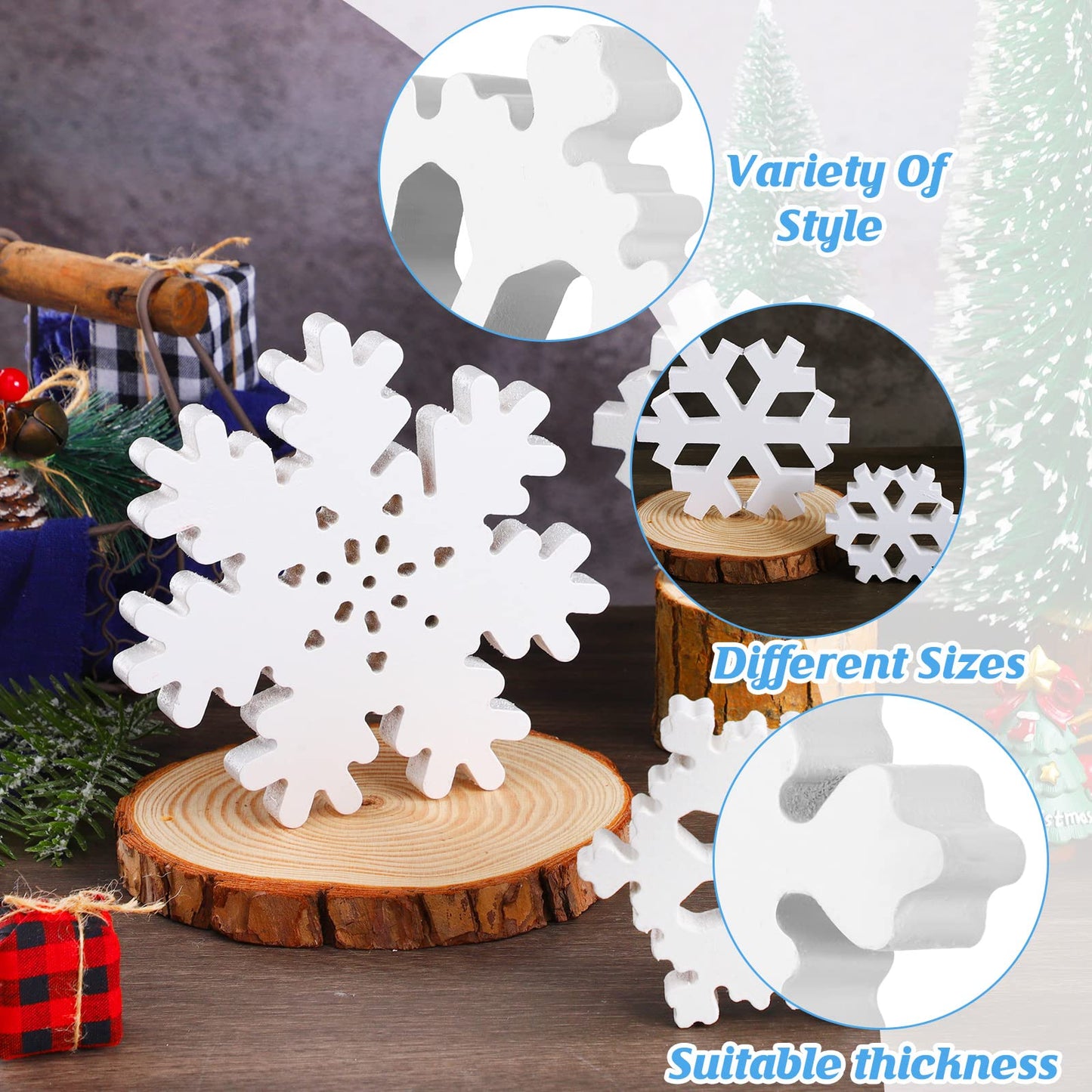 Kajaia 9 Pcs Winter Wooden Snowflake Table Decorations White 3D Snowflake Tabletop Centerpieces Winter Standing Sign Xmas Tiered Tray Decor for Home Fireplace Mantel Party Supplies