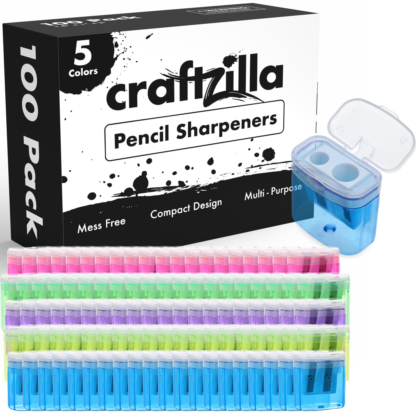 Craftzilla Pencil Sharpener 100 Pack, Manual Pencil Sharpeners Bulk for Kids with Lid, Perfect for School, Office, and Home