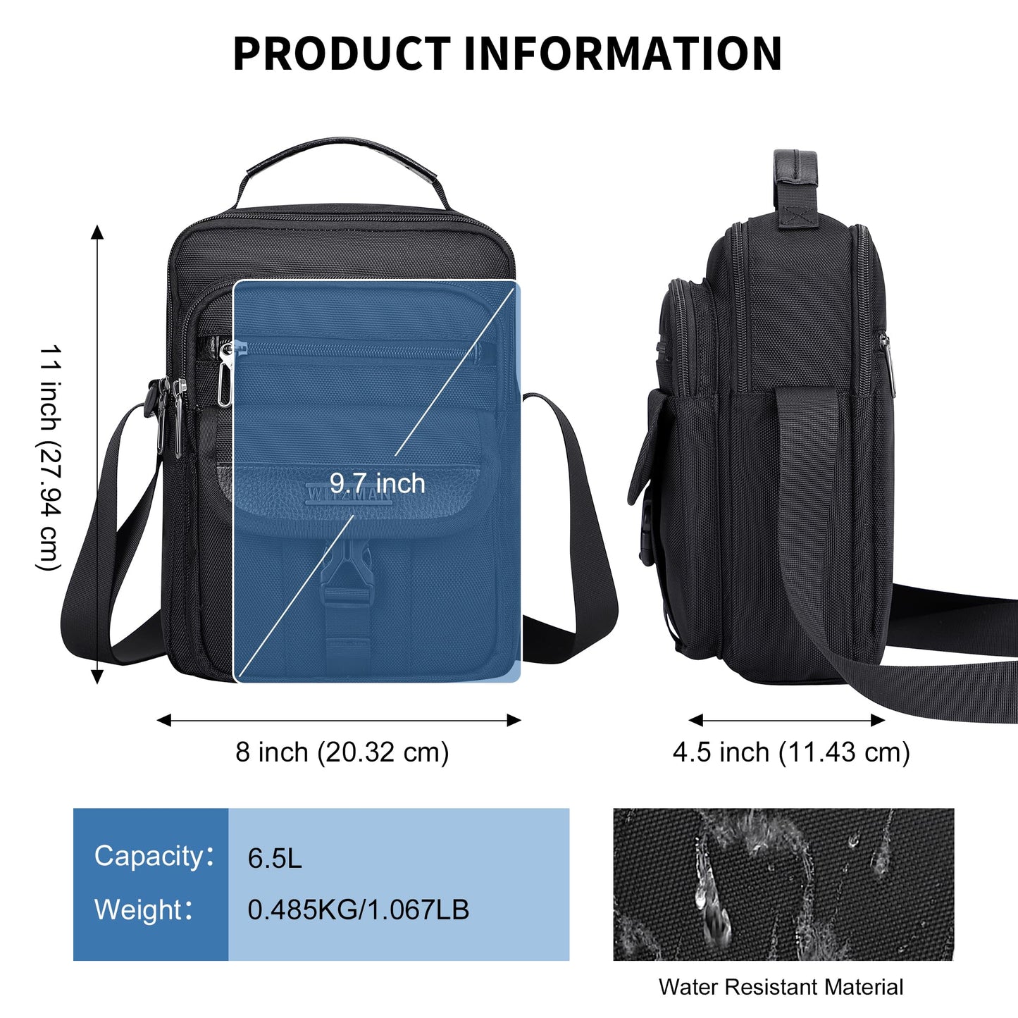 WITZMAN Crossbody Bags for Men Travel Shoulder Bag Lightweight Man Purse Small Casual Messenger Bag for Work Traveling（B699 Black）