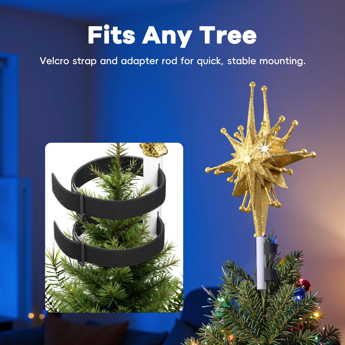 2025 Upgraded Christmas Tree Topper Projector Light with Rotating Bright LED & Wide Coverage, Universal Fit for Any Height Tree, Easy Install, Stable Base, Holiday & Party Decorations (Starlight Gold)