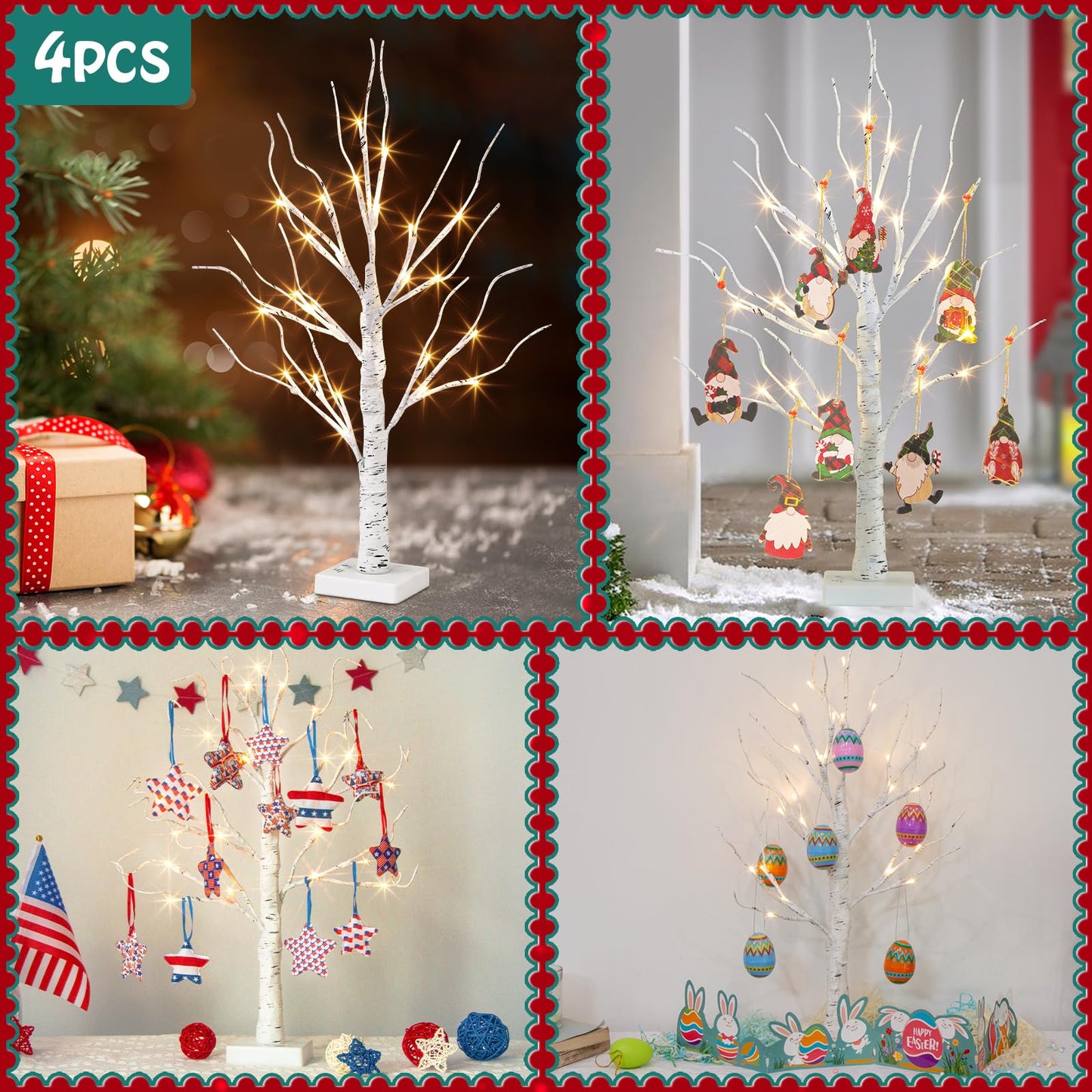 Vanthylit Christmas Tree Decorations, White Birch Tree with LED Lights- Set of 4, Warm White Small Tree Lights Battery Powered/USB, Timer Lighted Tree for Home Wedding Indoor Outdoor Decor (2 FT)