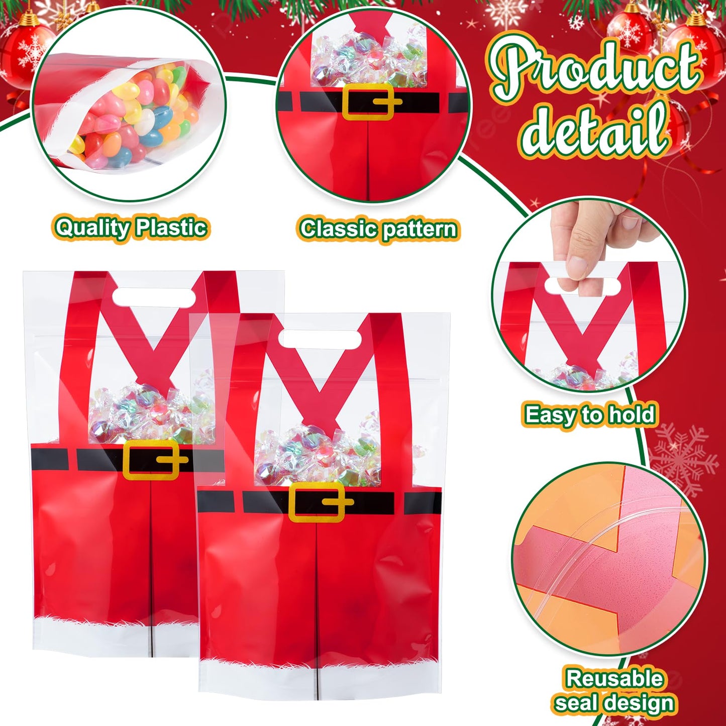 Shemilly 60pcs Christmas Treat Bags,Christmas Plastic Resealable Candy Gift Bag with Handle,Transparent Santa Pants Sealing Goodie Pouch for Xmas Winter Holiday Party Favors Decorations,9X6inch