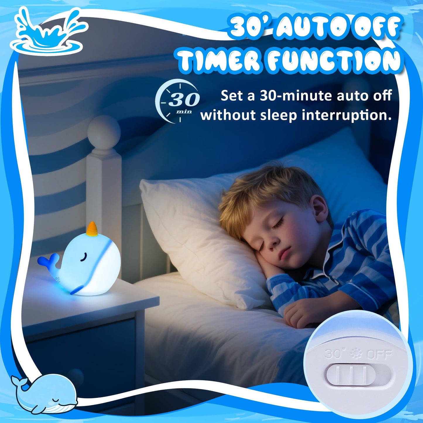 Ammonite Blue Narwhal Night Light, Soft Silicone Whale Nursery Lamp with 3 Dimming Levels and 30-Minute Timer, Touch Control Nightlight for Bedroom Decor, Christmas Birthday Gift
