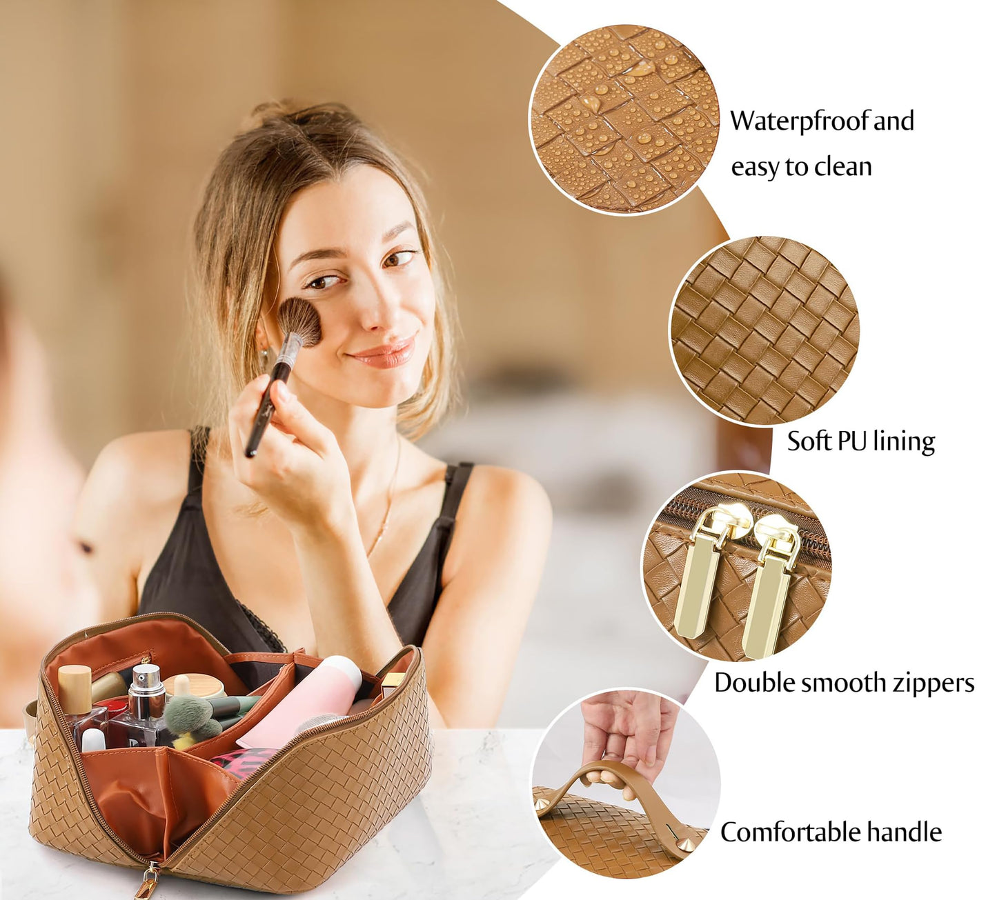 Large Capacity Travel Cosmetic Bag - PU Leather Makeup Organizer Bag Portable Woven Makeup Bags for Women Waterproof Travel Toiletry Bag with Divider Pouch, Brown